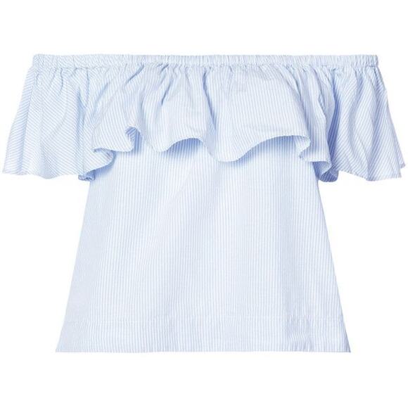 $225 Anine Bing Ruffle Striped Blue & White Off The Shoulder Top - L - Picture 2 of 6